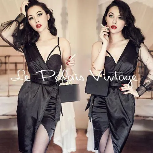 Vintage Retro One shoulder sheer sleeve pinup bustier satin slit lbd black cocktail dress- Bri