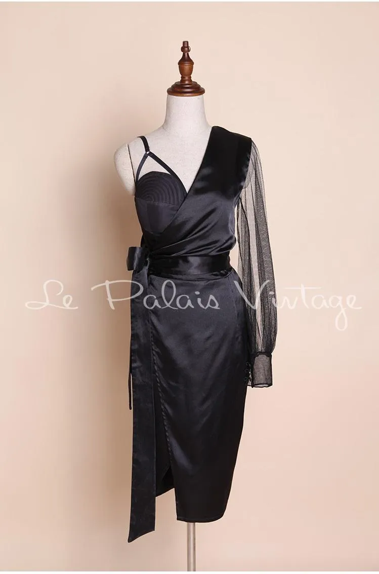 Vintage Retro One shoulder sheer sleeve pinup bustier satin slit lbd black cocktail dress- Bri