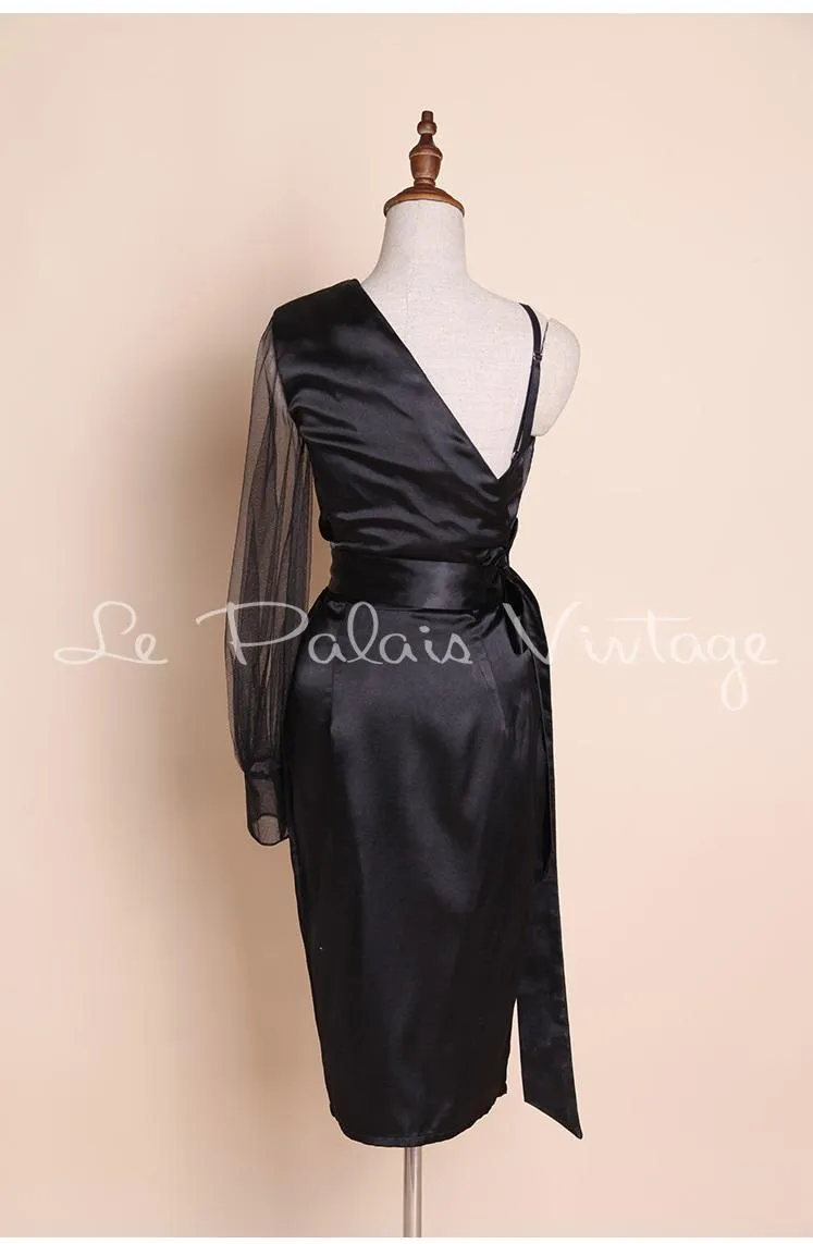 Vintage Retro One shoulder sheer sleeve pinup bustier satin slit lbd black cocktail dress- Bri