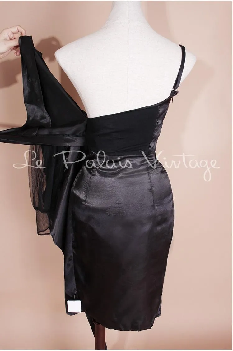 Vintage Retro One shoulder sheer sleeve pinup bustier satin slit lbd black cocktail dress- Bri