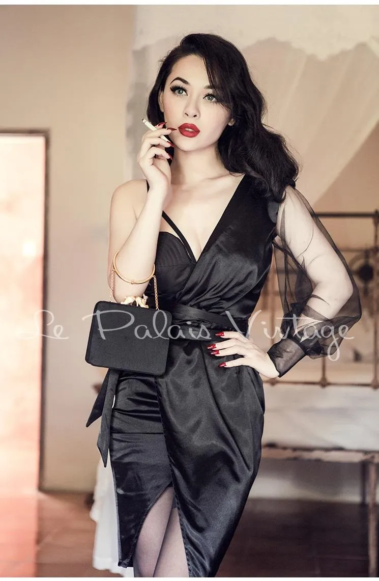 Vintage Retro One shoulder sheer sleeve pinup bustier satin slit lbd black cocktail dress- Bri