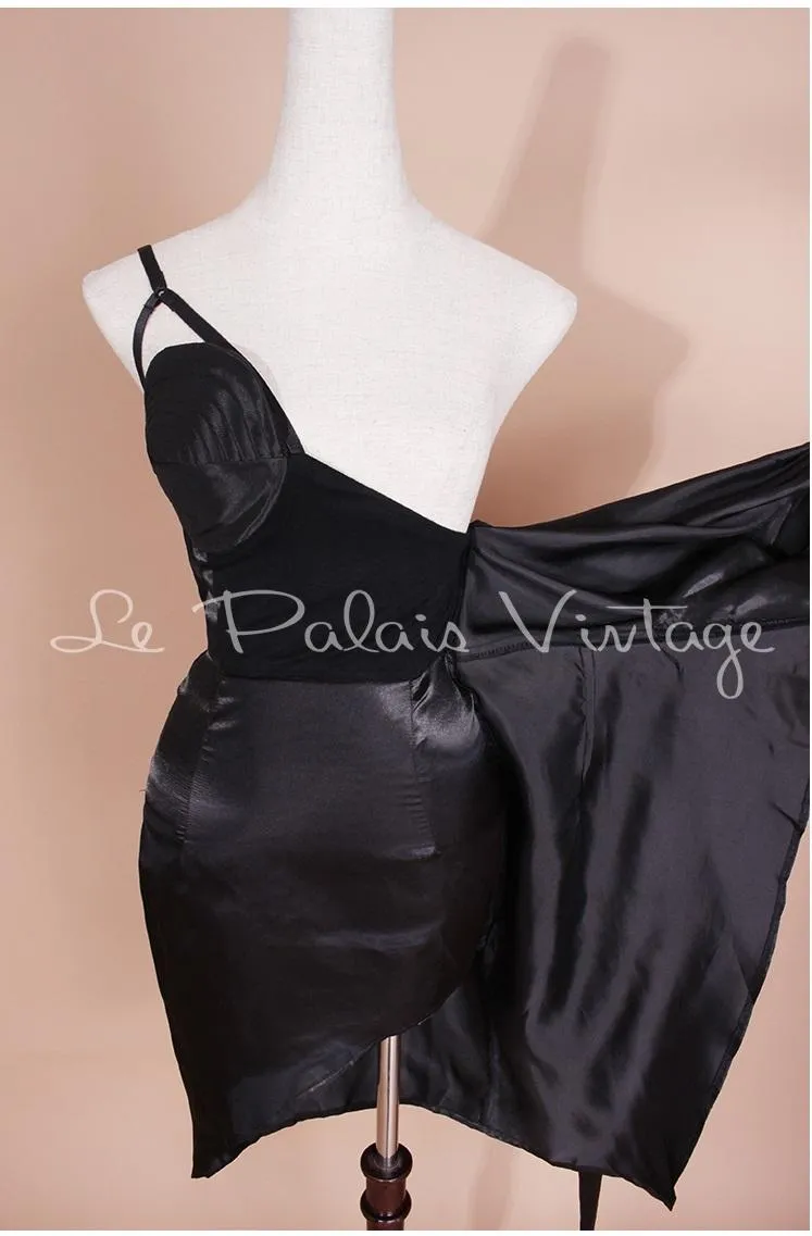 Vintage Retro One shoulder sheer sleeve pinup bustier satin slit lbd black cocktail dress- Bri