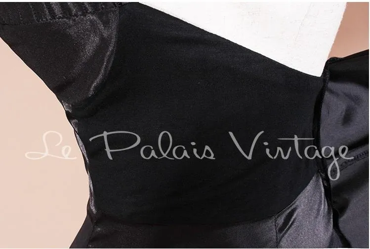 Vintage Retro One shoulder sheer sleeve pinup bustier satin slit lbd black cocktail dress- Bri