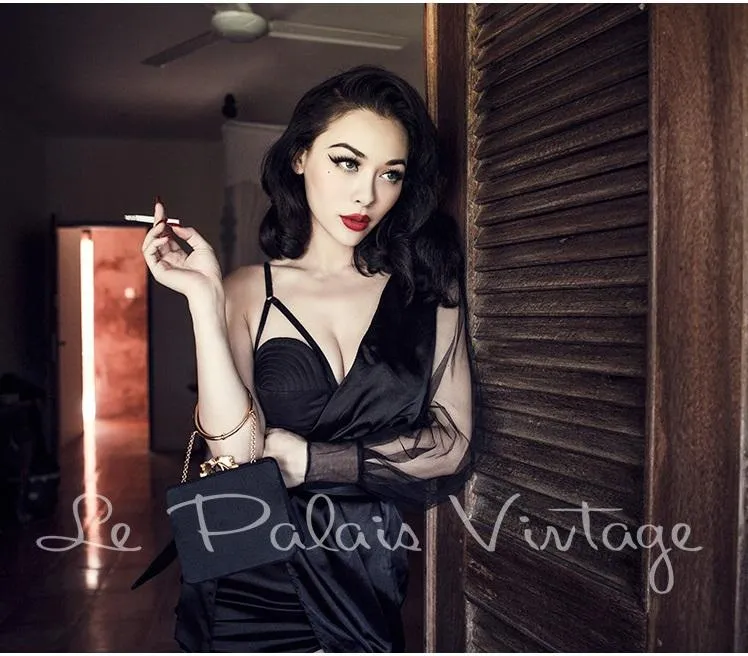 Vintage Retro One shoulder sheer sleeve pinup bustier satin slit lbd black cocktail dress- Bri