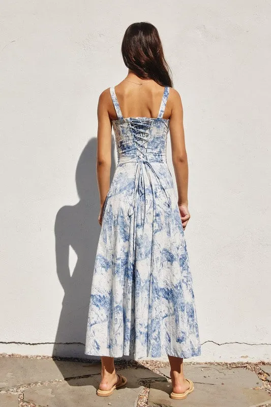 Waitlist 1/20 ♥ Beatrice Sleeveless Printed Corset Midi Dress Blue