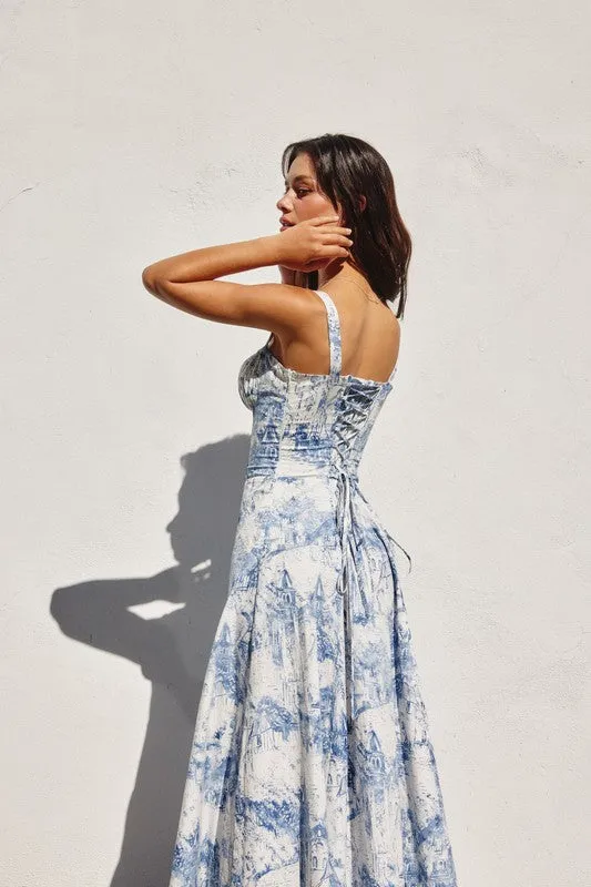 Waitlist 1/20 ♥ Beatrice Sleeveless Printed Corset Midi Dress Blue