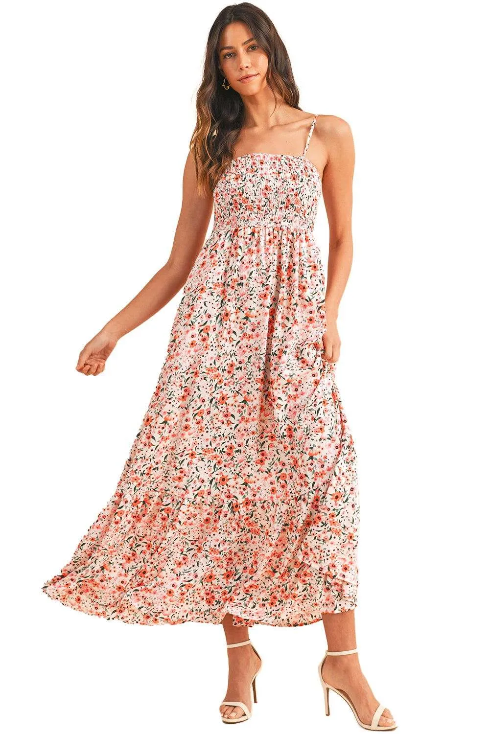 White Boho Floral Self-tie Smocked Ruffle Maxi Dress