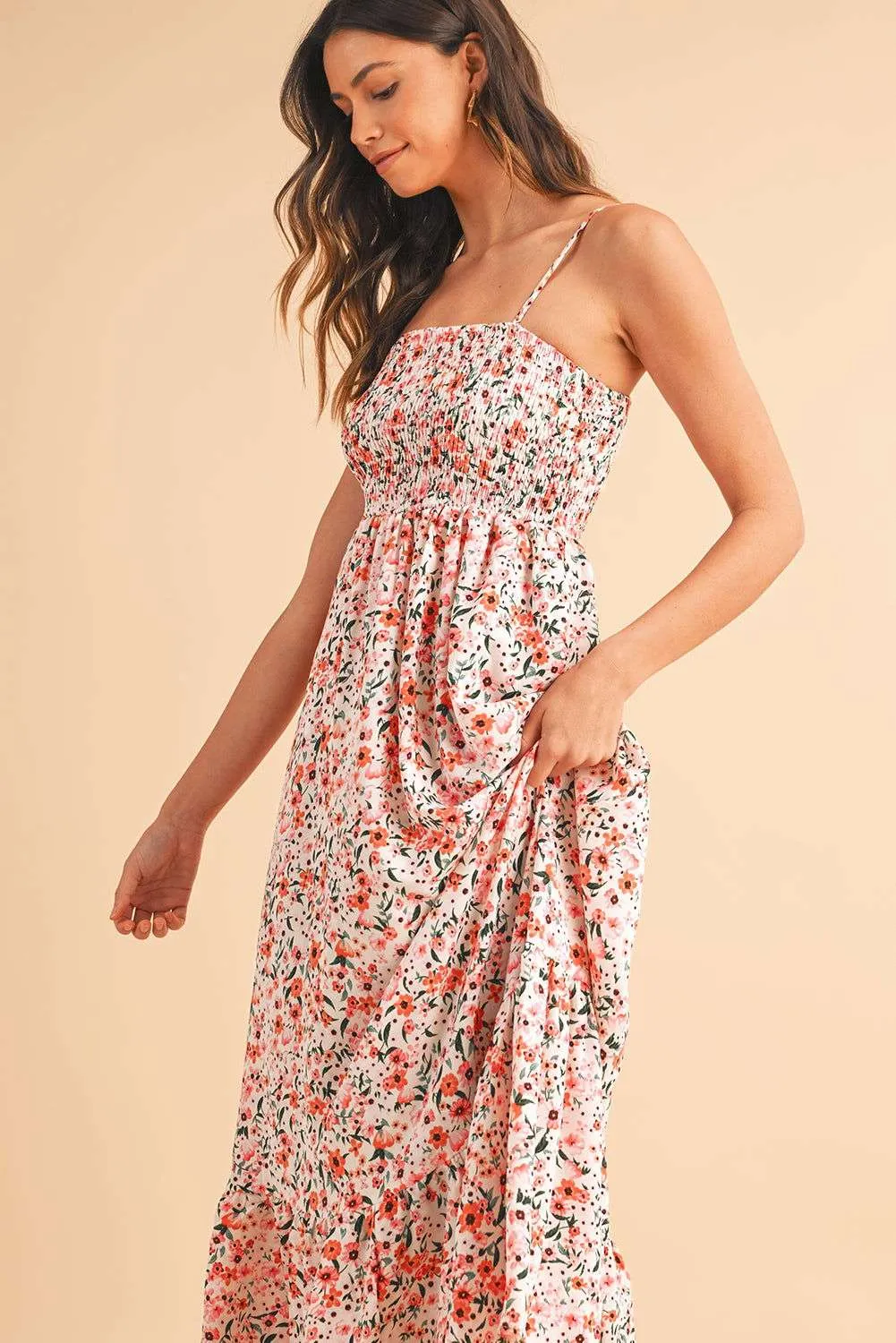 White Boho Floral Self-tie Smocked Ruffle Maxi Dress