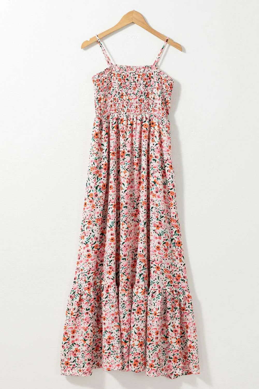 White Boho Floral Self-tie Smocked Ruffle Maxi Dress