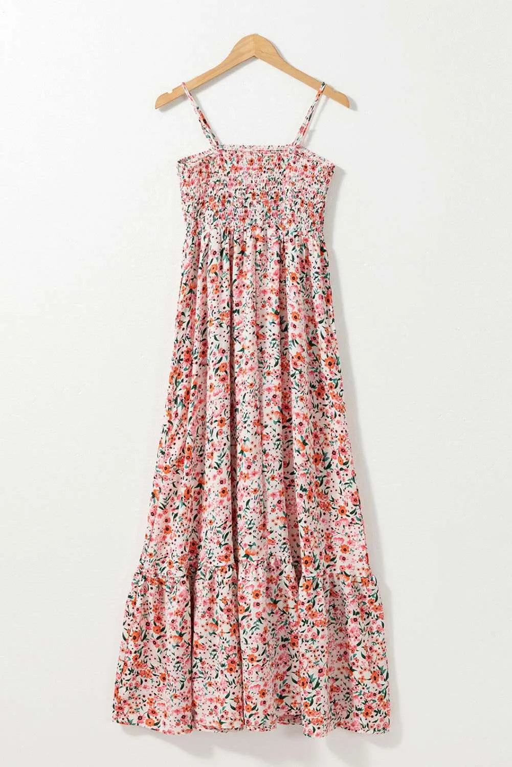 White Boho Floral Self-tie Smocked Ruffle Maxi Dress