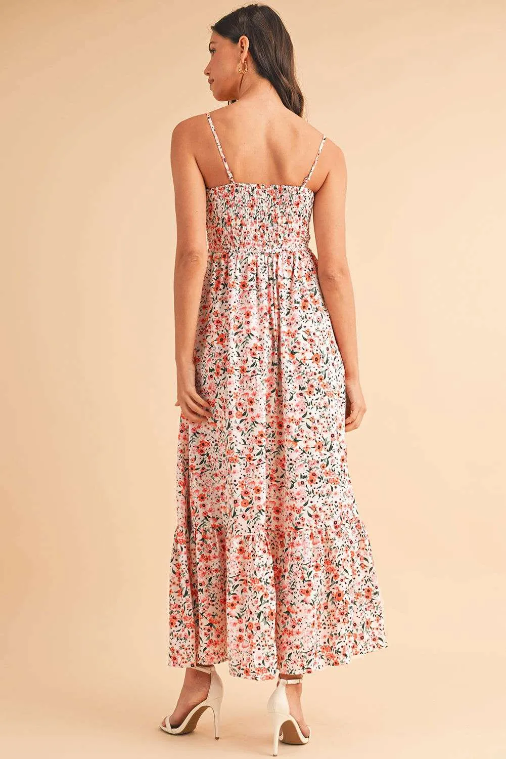 White Boho Floral Self-tie Smocked Ruffle Maxi Dress