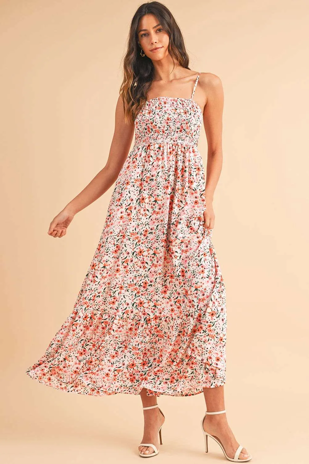 White Boho Floral Self-tie Smocked Ruffle Maxi Dress