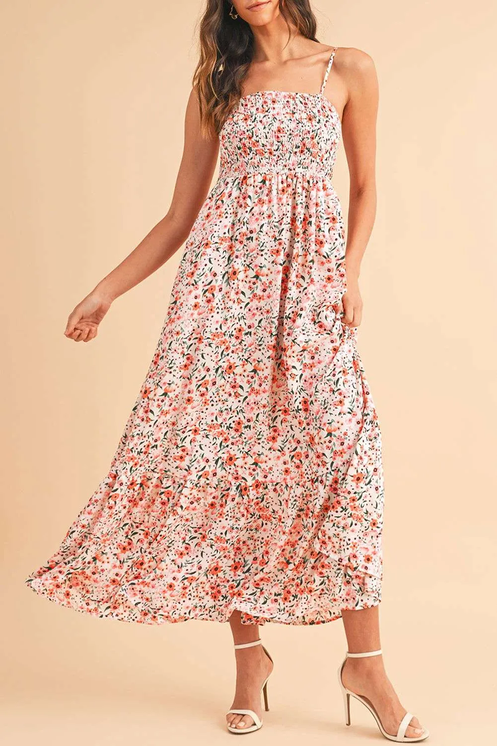 White Boho Floral Self-tie Smocked Ruffle Maxi Dress