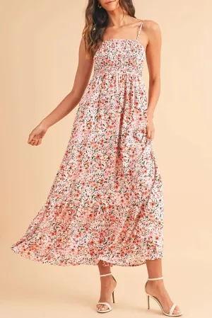 White Boho Floral Self-tie Smocked Ruffle Maxi Dress