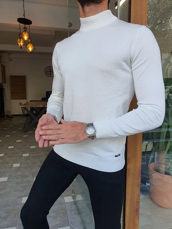 White Slim Fit Mock Turtleneck Sweater by GentWith.com