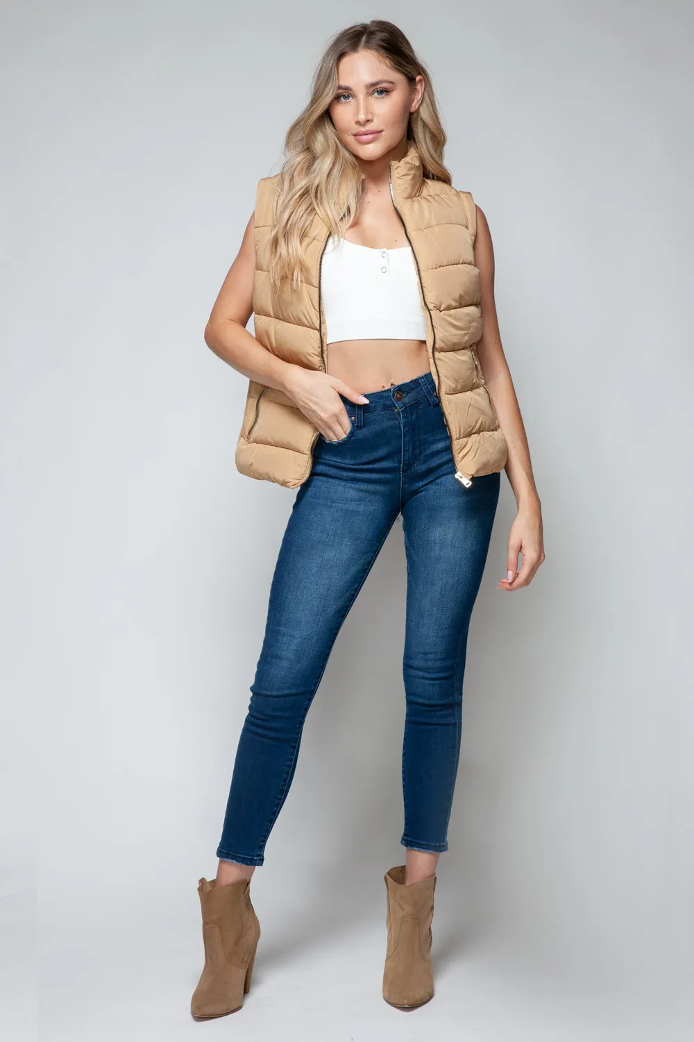 Women Snobbish Zip Up Turtleneck Vest with Pockets