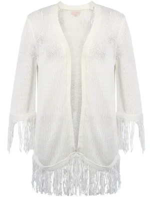 Women's fringed hem and cuffs cream cardigan - Plum Tree